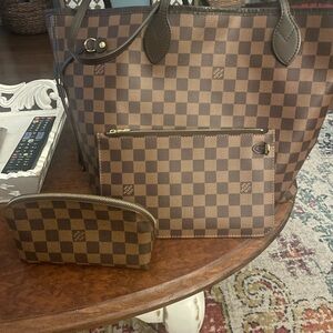 Checkered Brown Tote and Pouch Set